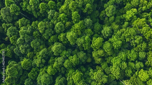Aerial view of dense green forest with lush trees and vibrant foliage, showcasing the beauty of nature from above, perfect for eco-themed projects.