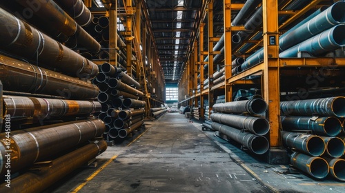 Industrial Warehouse with Steel Beams and Stacks of Metal Pipes of Various Sizes for Building Materials, Captured in a Wide-Angle, Photo-Realistic Style