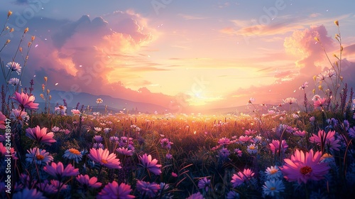 Field under the Sun s Glow  A serene landscape captures the beauty of a sunset over a vast field  painting the sky in hues of orange and yellow  while the sun gently kisses the horizon