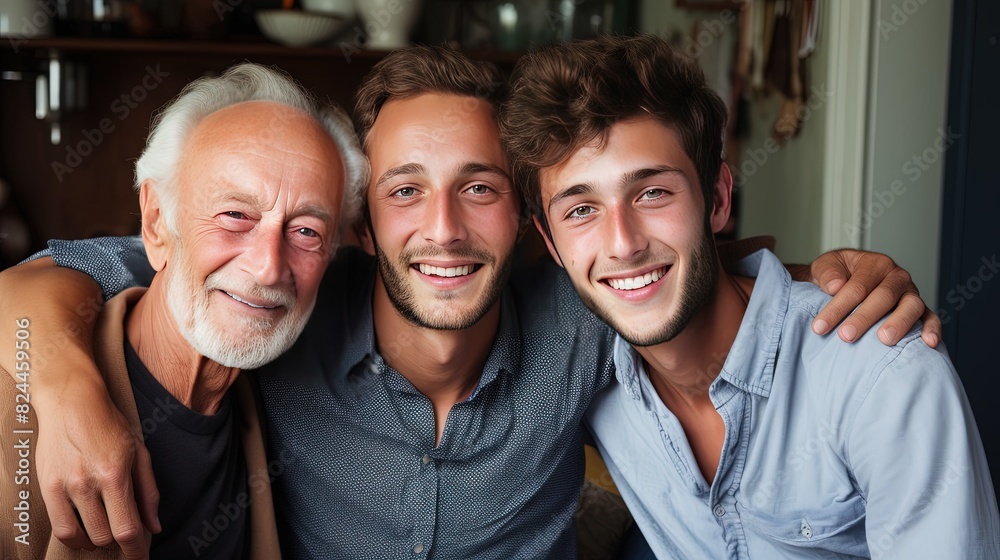 portrait of smiling Caucasian adult sons and gray-haired father looking at the camera. family portrait of all generations of men portrait of smiling Caucasian adult sons and gray-haired father looking at the camera. family portrait of all generations of men