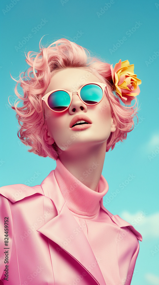 Spring bloom: girl in pink suit with pink sunglasses and pink hair. Minimal pastel spring fashion concept.  Abstract portrait.
