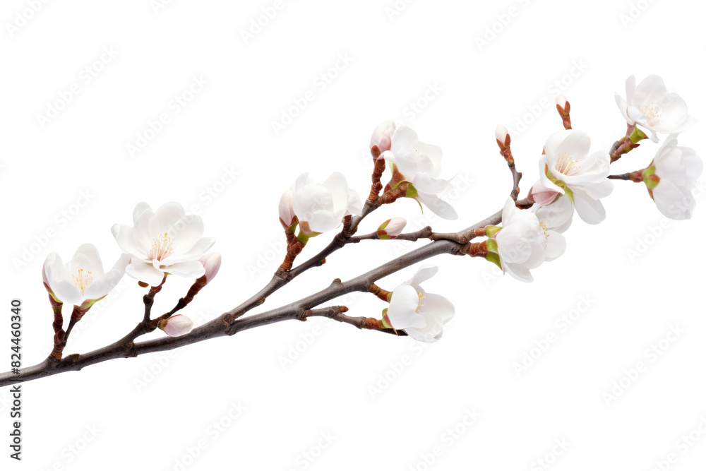 Ethereal Blooms: A Branch of White Flowers on a White or Clear Surface PNG Transparent Background. Ethereal Blooms: A Branch of White Flowers on a White or Clear Surface PNG Transparent Background.