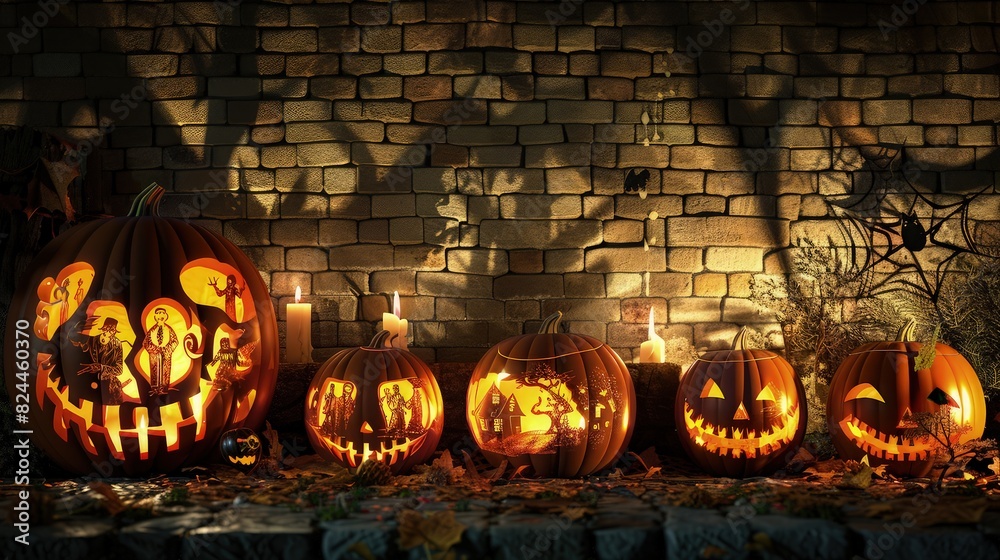 glowing pumpkin house with smiley on the background of the old brick wall with battel wings print on the wall glowing pumpkin house with smiley on the background of the old brick wall with battel wings print on the wall