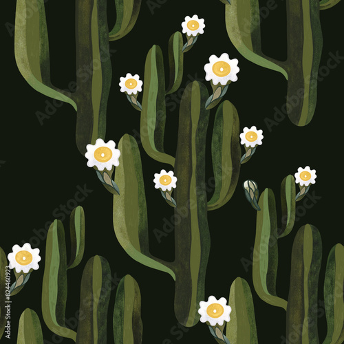 Blooming saguaro cactus. Seamless watercolor pattern for wrapping paper, wallpaper and textiles.