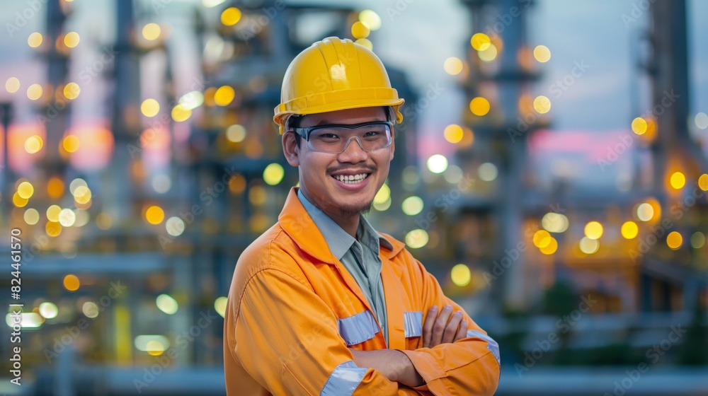 South East Asian worker Engineer project operations manager oil and gas industry field yellow safety helmet safety goggles South East Asian worker Engineer project operations manager oil and gas industry field yellow safety helmet safety goggles