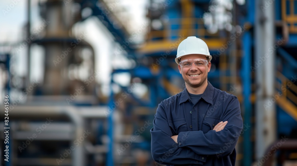 Oil and gas industry worker Engineer project operations manager white safety helmet goggles Caucasian male smile cross hands Oil and gas industry worker Engineer project operations manager white safety helmet goggles Caucasian male smile cross hands
