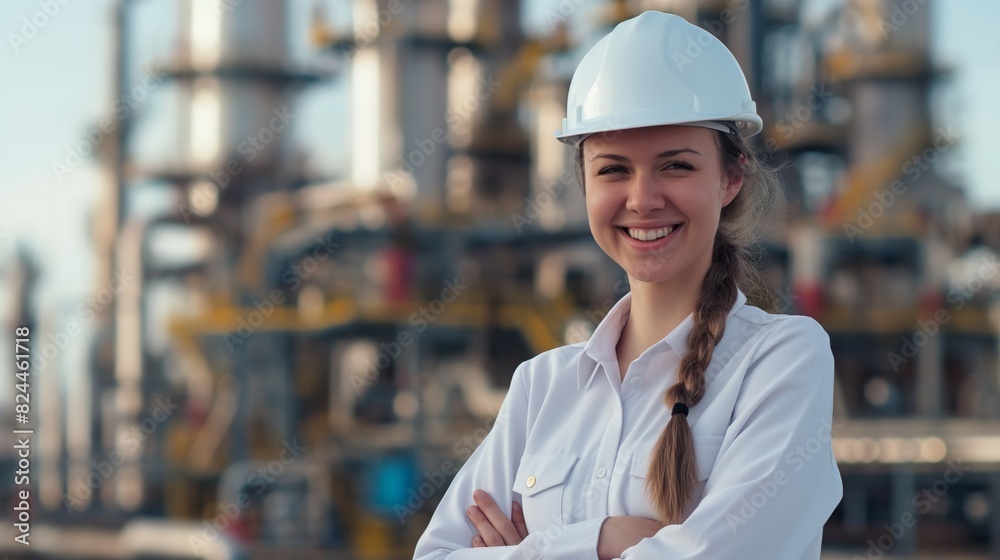 Oil and gas industry female Engineer project operations manager white safety helmet Caucasian woman smile cross hands Oil and gas industry female Engineer project operations manager white safety helmet Caucasian woman smile cross hands