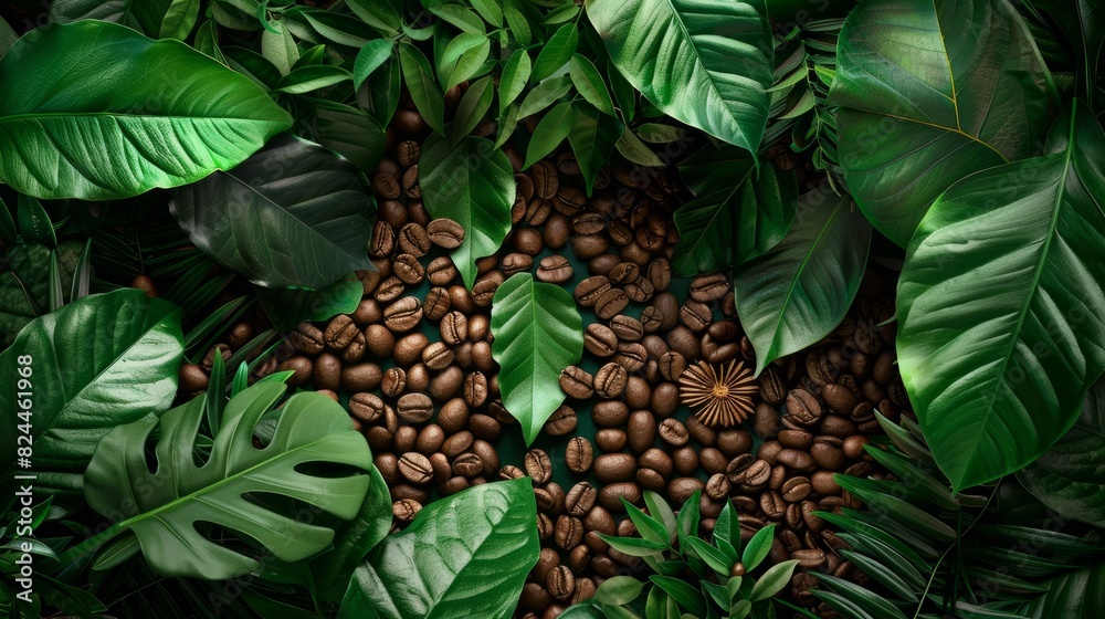 Obraz premium Fresh coffee beans with coffee leaves, decorated as a beautiful picture, beautiful composition Suitable for decorative cutting