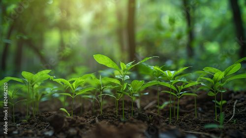 A charming view of young tree seedlings in the forest, gently poking through the leaf litter, heralding a new stage of life and growing greenery.