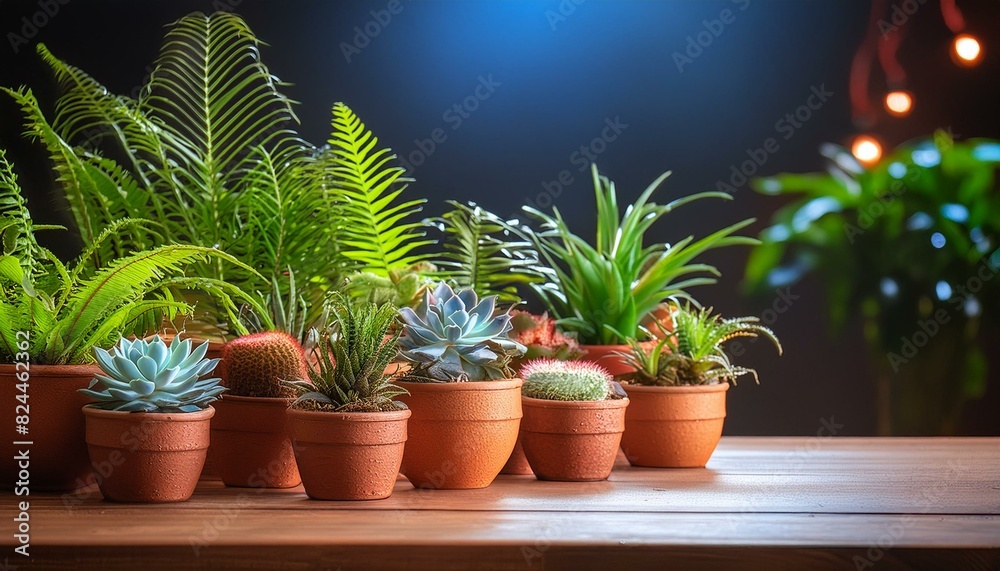 An office desk featuring a cluster of vibrant tropical plants like mini palms, ferns, An office desk featuring a cluster of vibrant tropical plants like mini palms, ferns,