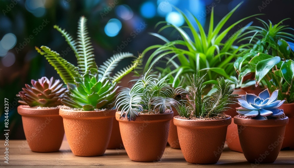 An office desk featuring a cluster of vibrant tropical plants like mini palms, ferns, 