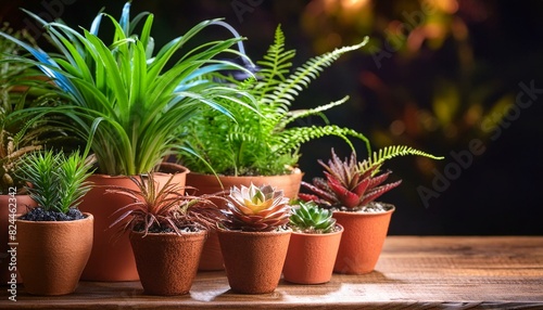 An office desk featuring a cluster of vibrant tropical plants like mini palms, ferns, 