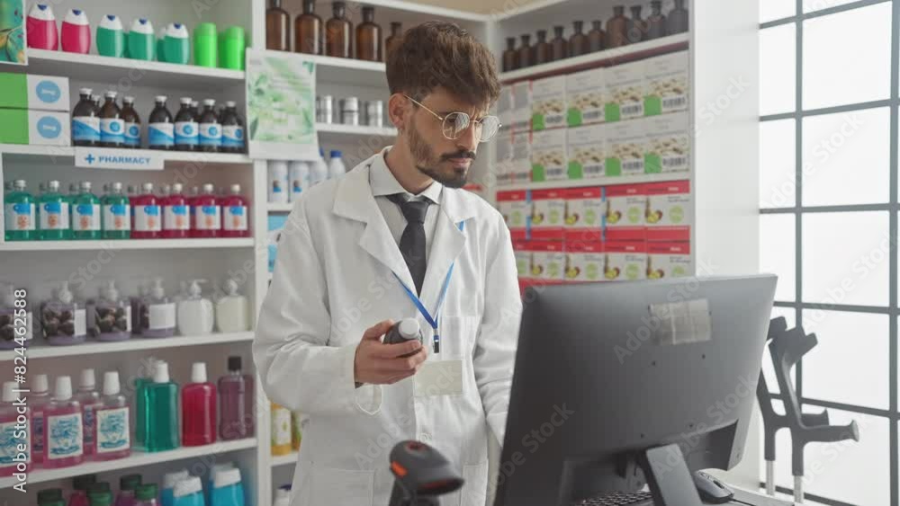 Handsome hispanic pharmacist with beard works at computer in modern pharmacy interior Handsome hispanic pharmacist with beard works at computer in modern pharmacy interior