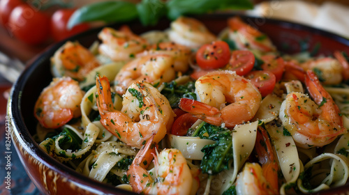 Fettuccini with spinach, enriched with juicy shrimps. This is an Italian combination of taste and elegance that will delight even the most demanding palates.