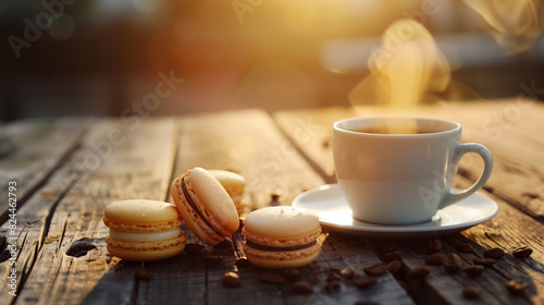 Colorful macarons are placed on a wooden table next to a steaming cup of coffee or tea, revealing the essence of a perfect morning breakfast that starts the day in a cheerful mood.