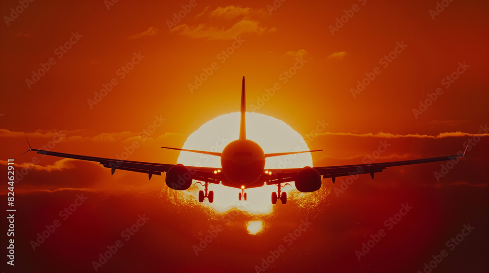 The silhouette of an airplane flying against the background of the setting sun, where golden rays create an amazing spectacle in the evening sky.