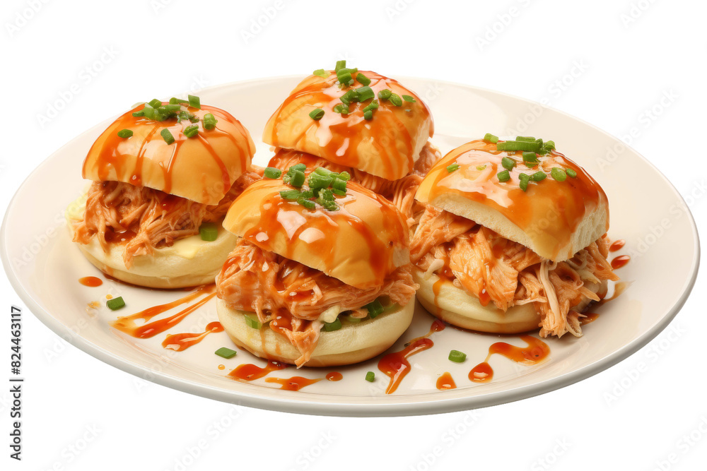 Savoring the Perfect Trio: Prime Pork Pulled Sliders on a Plate on a White or Clear Surface PNG Transparent Background. Savoring the Perfect Trio: Prime Pork Pulled Sliders on a Plate on a White or Clear Surface PNG Transparent Background.