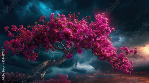 A surreal image of a shiny red tree glowing in the darkness  with a sparkling night sky full of stars in the background.