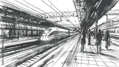 Monochrome sketch with railway station. Black 