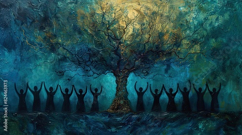 An abstract artwork of a tree with branches formed by interconnected hands, symbolizing the strength of unity and growth. stock image