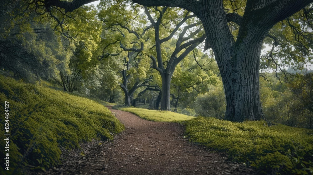 Serene forest path winding through lush green trees and mossy ground, creating a tranquil and picturesque nature scene.