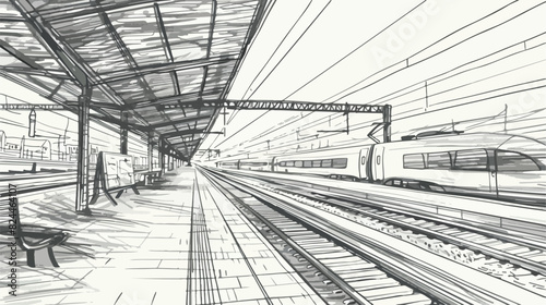 Monochrome sketch with railway station. Black and whi