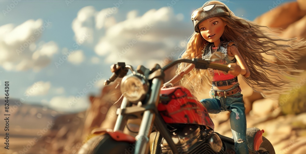 Against the backdrop of the sun-drenched desert, the cheerful doll navigates her motorcycle with ease, her playful spirit shining through as she embraces the thrill of the open road.
