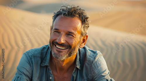 Portrait of a mature man on adventure holidays in desert , the male smiling face show how much he is enjoying this travel