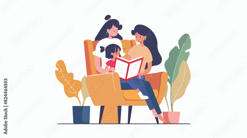 Mother and cute daughter reading book together vector