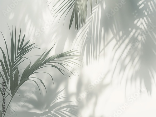 Soft shadows of palm leaves cast on a white wall  creating a serene and tropical atmosphere.