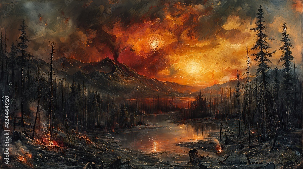 A painting of a landscape regenerating after a fire, symbolizing nature's resilience. stock image A painting of a landscape regenerating after a fire, symbolizing nature's resilience. stock image