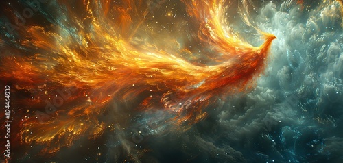 An abstract depiction of a reborn phoenix, symbolizing undying spirit. stock photo