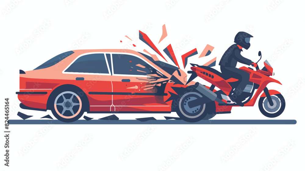 Motorcyclist and car driver after collision. Damaged