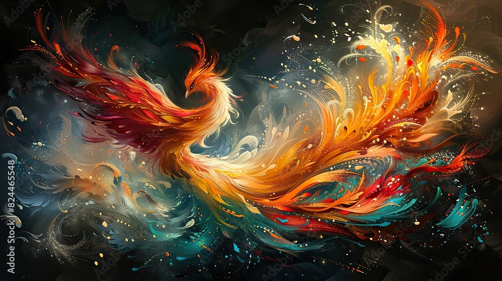 A painting of a phoenix with vibrant feathers, symbolizing powerful renewal. stock image A painting of a phoenix with vibrant feathers, symbolizing powerful renewal. stock image