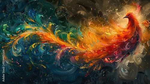A painting of a phoenix with vibrant feathers, symbolizing powerful renewal. photo photo