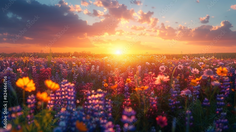 Nature Background, Sunset Behind a Flower Field: An expansive field of wildflowers in full bloom, with the sun setting behind them, casting a golden glow over the vibrant colors. Illustration image,