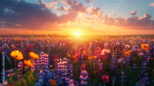 Nature Background, Sunset Behind a Flower Field: An expansive field of wildflowers in full bloom, with the sun setting behind them, casting a golden glow over the vibrant colors. Illustration image, © DARIKA
