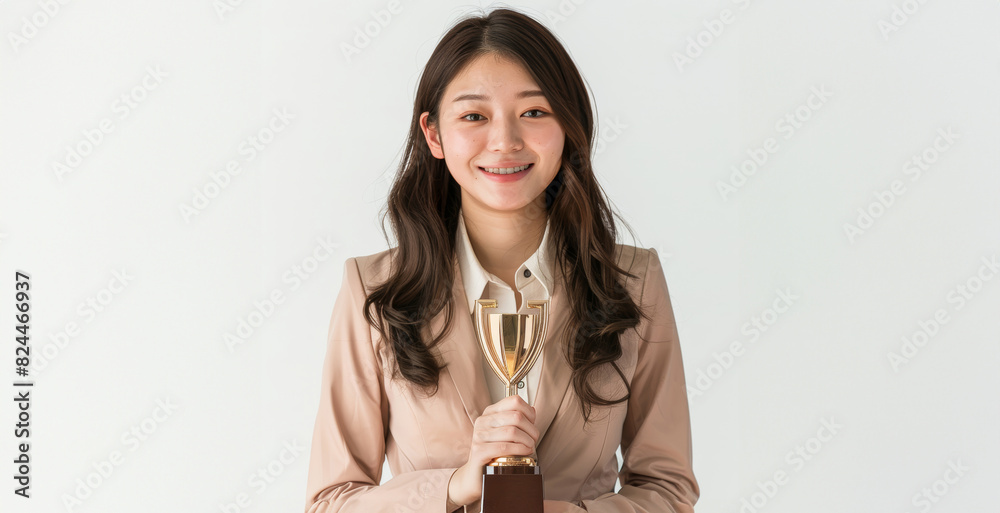 Beautiful young Asian woman looking at the camera while smiling and holding golden trophy in her hands, portrait shot in a studio on white background. Beautiful young Asian woman looking at the camera while smiling and holding golden trophy in her hands, portrait shot in a studio on white background.