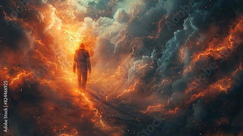 An illustration of a person rising from ashes, representing rebirth and strength. photo