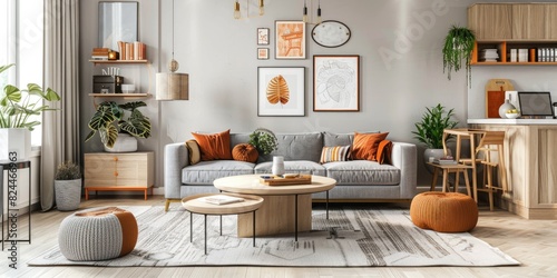 A Scandinavian style living room with light gray walls, wooden furniture, and orange accents for warmth. A grey sofa is placed in the center of the space, © Ajmal Ali 217