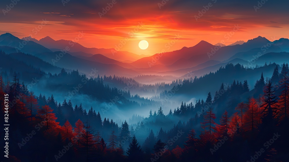 Obraz premium An illustration of a sunrise over a dark valley, symbolizing hope and new beginnings. image
