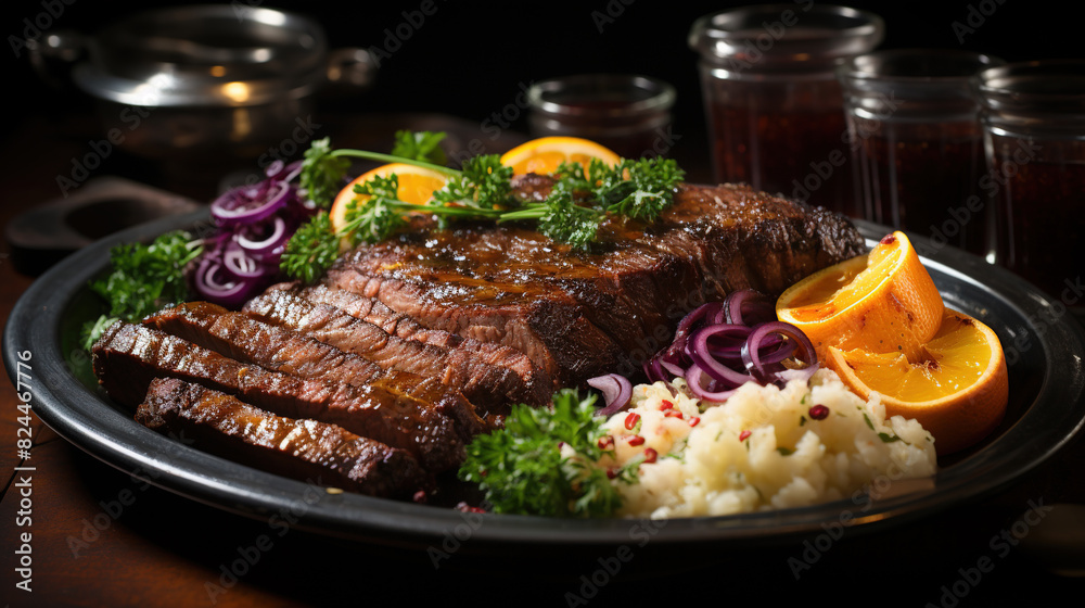 German Sauerbraten Marinated Beef Roast with A Spiced Gravy And Braised Red Cabbage on Blurry Background