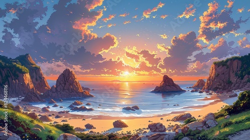 Nature Background, Sunset on a Rocky Beach: A rugged beach with large rocks jutting out into the ocean, the setting sun casting dramatic shadows and warm light over the scene. Illustration image, © DARIKA