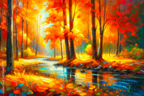 Autumn in the forest. Colorful autumn forest with a small stream, oil painting illustration. photo