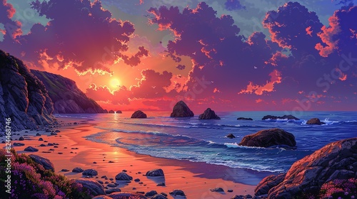 Nature Background, Sunset on a Rocky Beach: A rugged beach with large rocks jutting out into the ocean, the setting sun casting dramatic shadows and warm light over the scene. Illustration image, photo