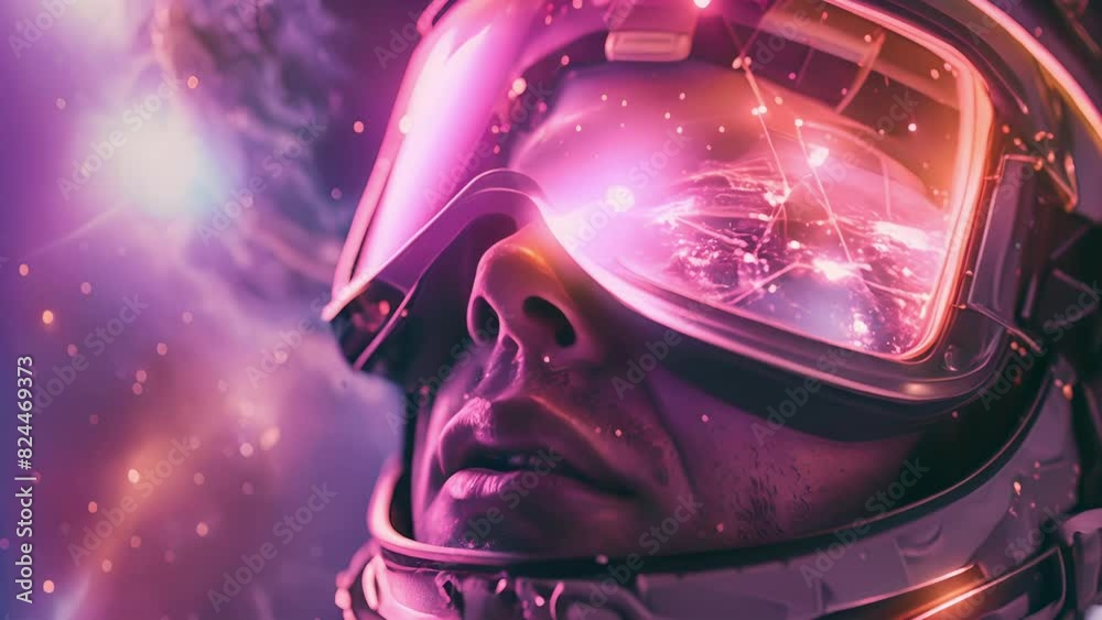 A virtual reality headset covering the eyes of an astronaut as they visualize their journey through the galaxy guided by programmed neural pathways.. A virtual reality headset covering the eyes of an astronaut as they visualize their journey through the galaxy guided by programmed neural pathways..