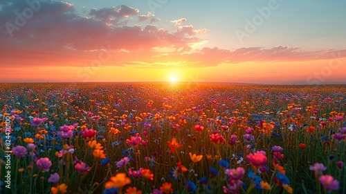 Nature Background, Sunset Over a Flower Field: An expansive field of wildflowers in full bloom, with the sun setting behind them, casting a golden glow over the vibrant colors. Illustration image, photo