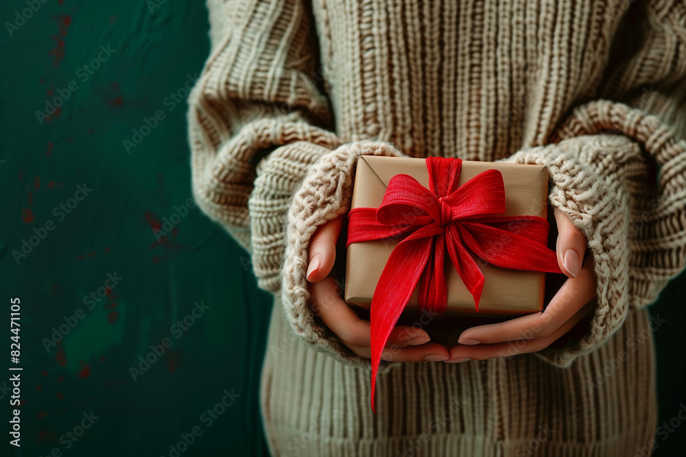 Closeup of hands holding a gift box with a ribbon, copy space for text.