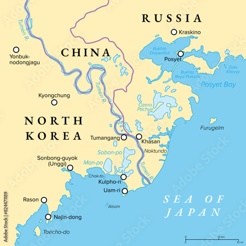 Tumen river flowing on Noktundo into Sea of Japan, political map. Tripoint in the Tumen river, where borders of China, North Korea and Russia intersect near Khasan, on disputed former island Noktundo. photo