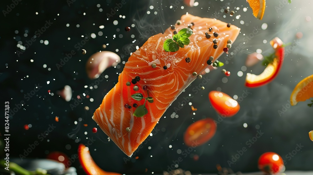 Salmon with flying ingredients and hot spices Salmon with flying ingredients and hot spices